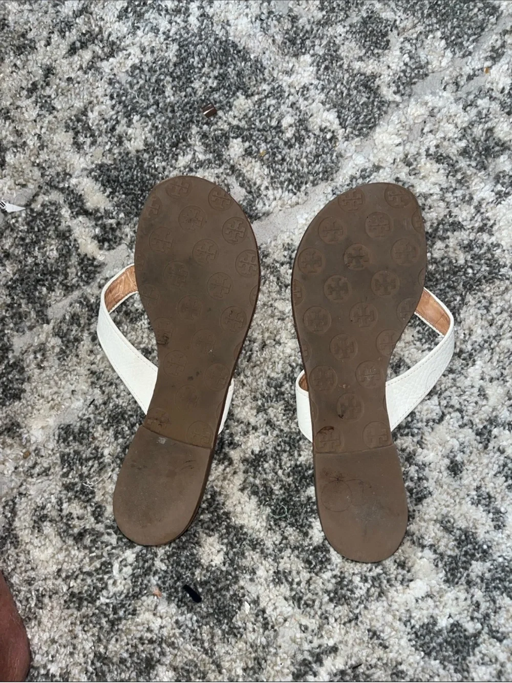 Tory Burch Tan and White Logo-Embossed Thong Sandal